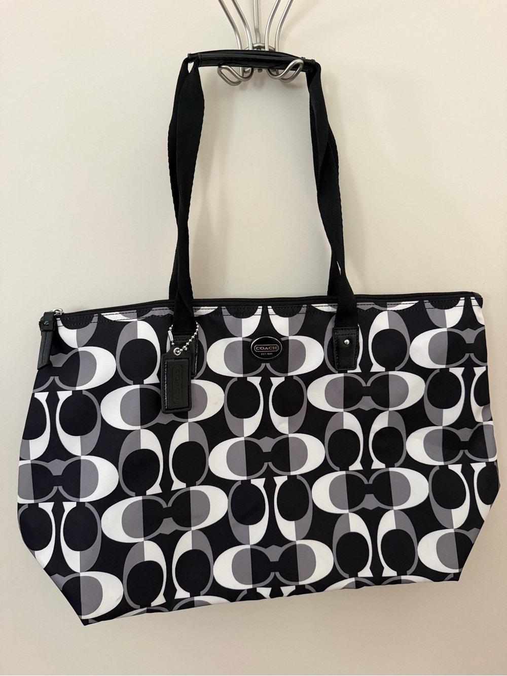 Coach Black and White Signature Oval Tote